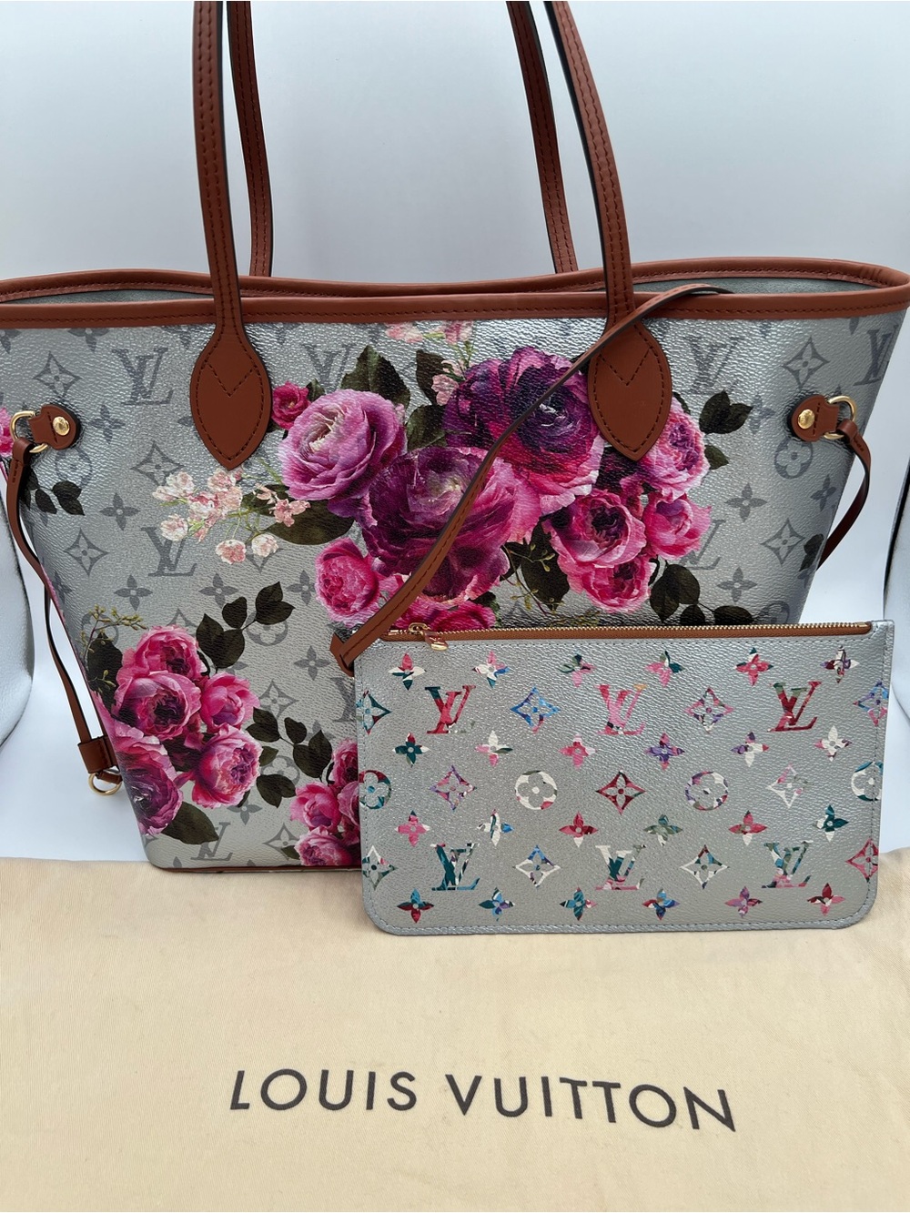 LOUIS VUITTON NEVERFULL MM GARDEN FLOWER ROSES SILVER Metallic BAG Pouch RARE😍🔥 - Picture 3 of 16